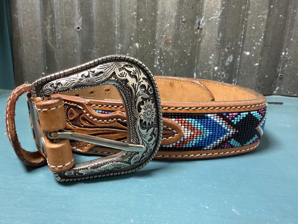 Western Floral Hand Tooled Leather Belt 32 Beaded Aztec Inlay Engraved Buckle